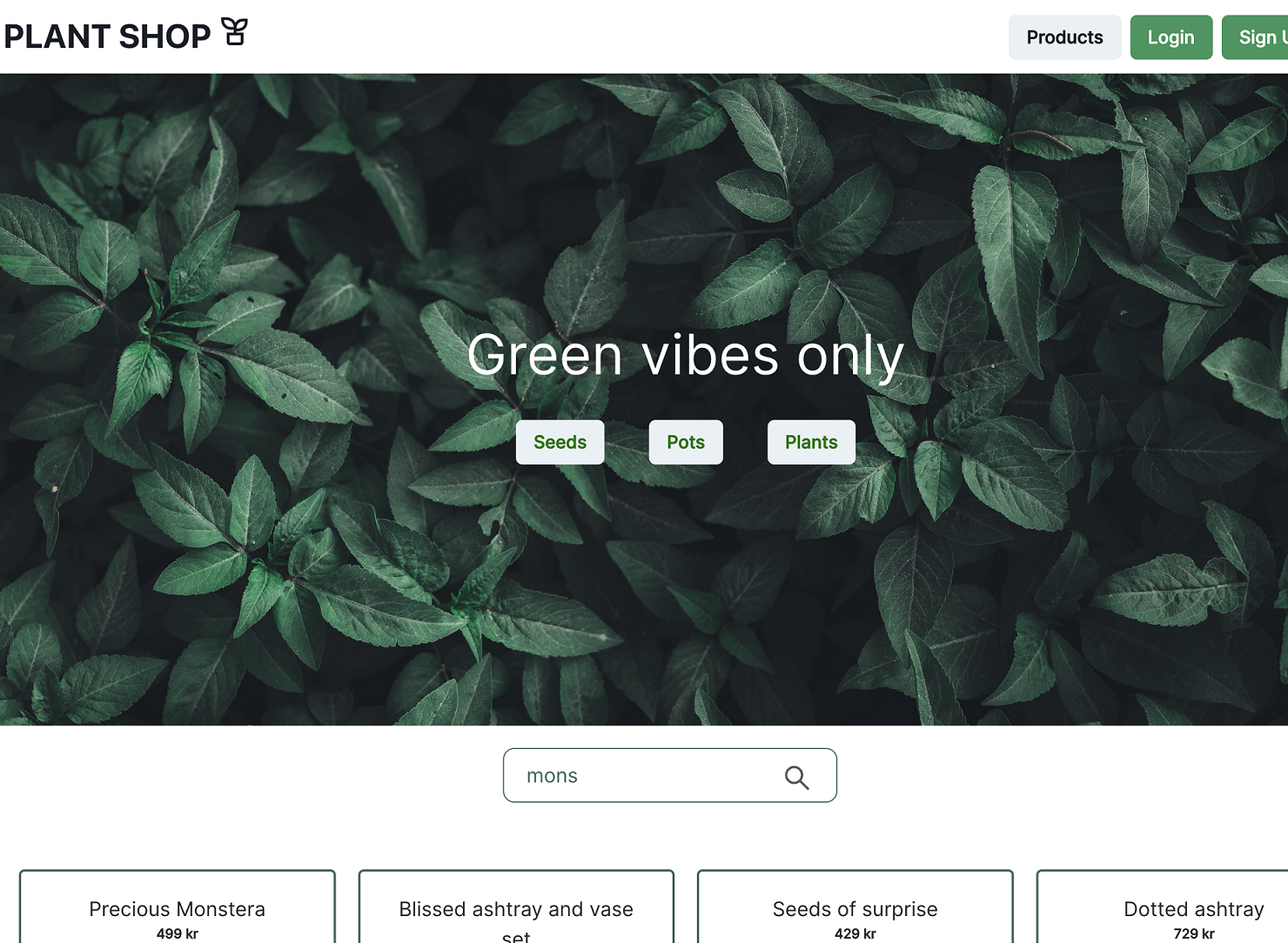 Website with leaves on banner